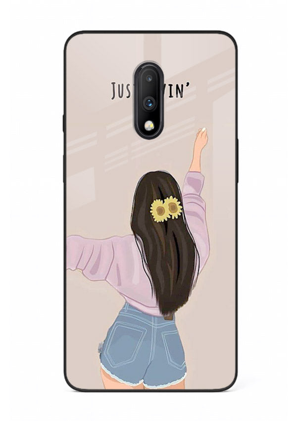 Relaxed character artwork printed on OnePlus 7 glass back cover with soft soothing tones.