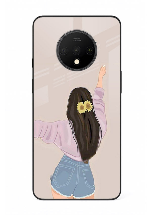 Relaxed character artwork printed on OnePlus 7T glass back cover with soft soothing tones.