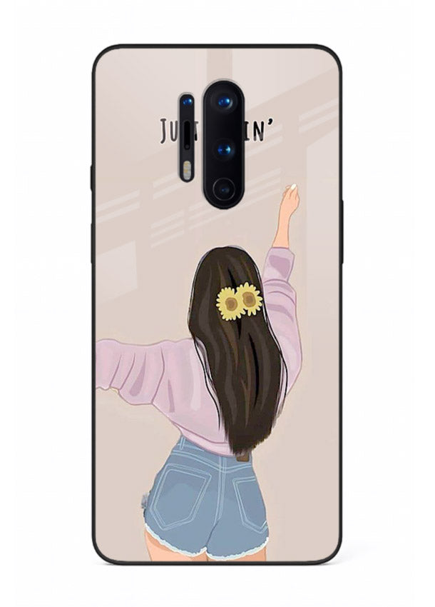 Relaxed character artwork printed on OnePlus 8 Pro glass back cover with soft soothing tones.