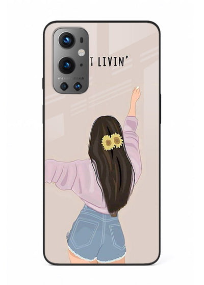 Relaxed character artwork printed on OnePlus 9 glass back cover with soft soothing tones.