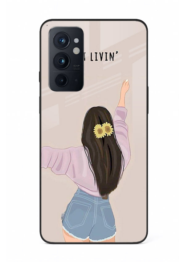 Relaxed character artwork printed on OnePlus 9RT glass back cover with soft soothing tones.