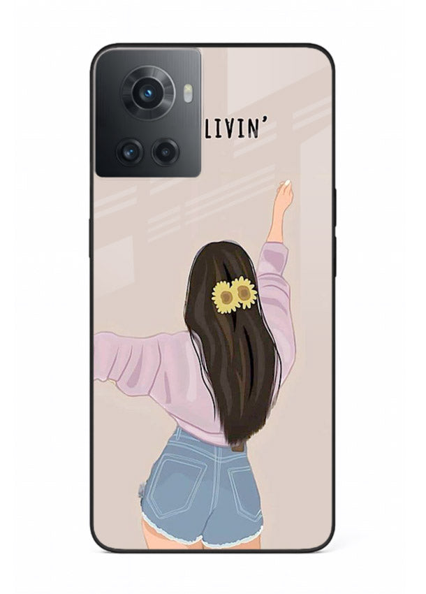 Relaxed character artwork printed on OnePlus 10R glass back cover with soft soothing tones.