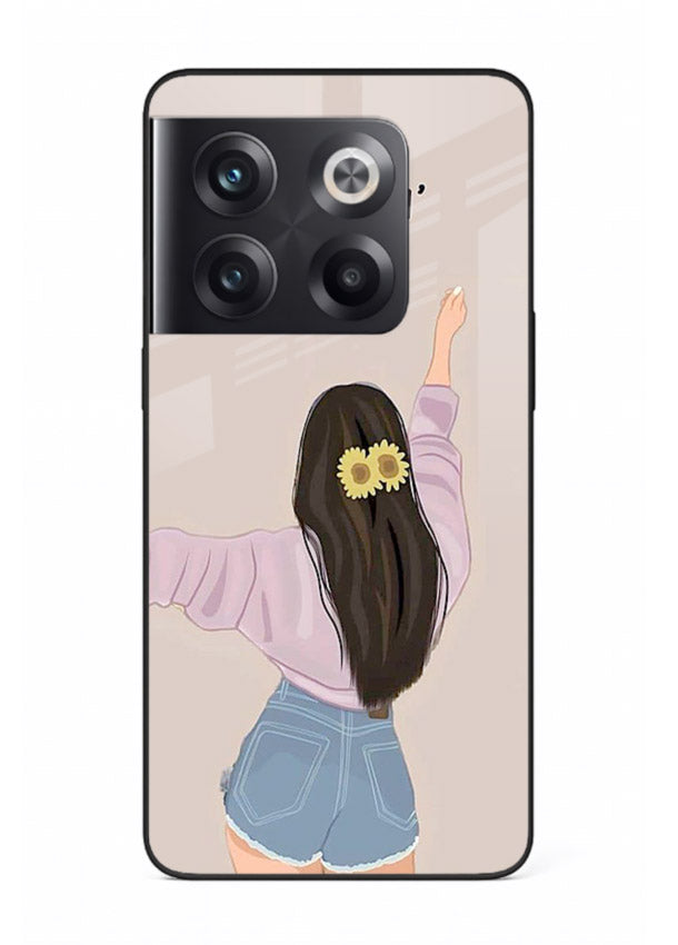 Relaxed character artwork printed on OnePlus 10T glass back cover with soft soothing tones.