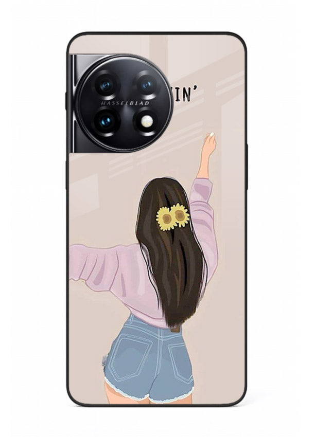 Relaxed character artwork printed on OnePlus 11R glass back cover with soft soothing tones.