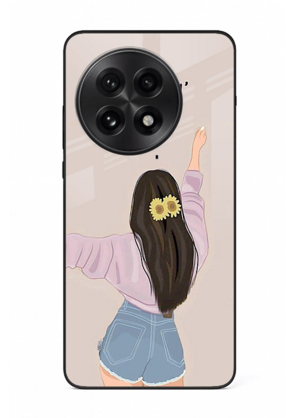 Relaxed character artwork printed on OnePlus 13 glass back cover with soft soothing tones.