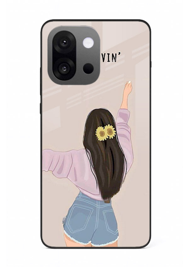 Relaxed character artwork printed on OnePlus 13s glass back cover with soft soothing tones.