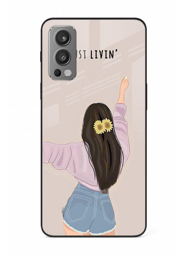 Relaxed character artwork printed on OnePlus Nord 2 glass back cover with soft soothing tones.