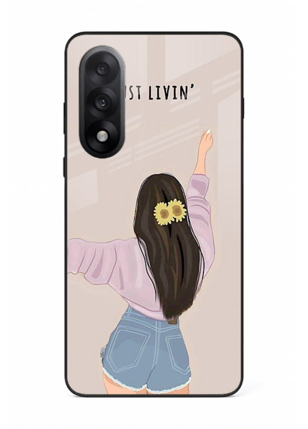 Relaxed character artwork printed on OnePlus Nord 5 glass back cover with soft soothing tones.