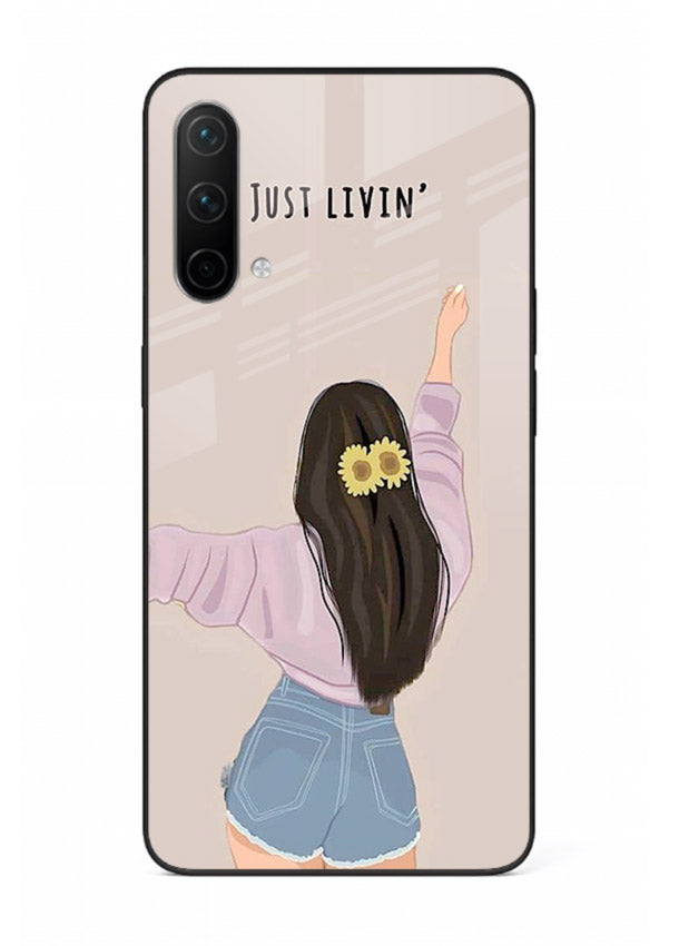 Relaxed character artwork printed on OnePlus Nord CE 5G glass back cover with soft soothing tones.