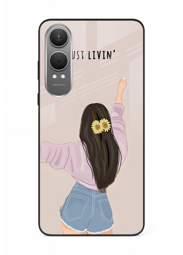 Relaxed character artwork printed on OnePlus Nord CE4 Lite glass back cover with soft soothing tones.