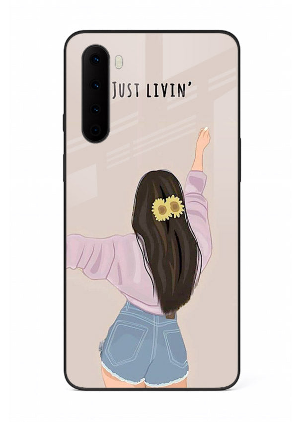 Relaxed character artwork printed on OnePlus Nord glass back cover with soft soothing tones.