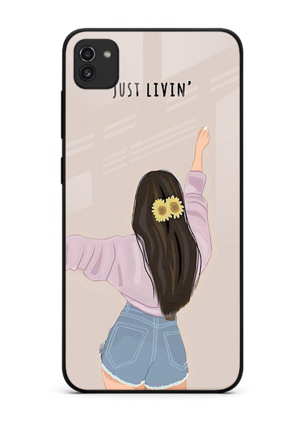 Relaxed character artwork printed on Samsung A03 glass back cover with soft soothing tones.