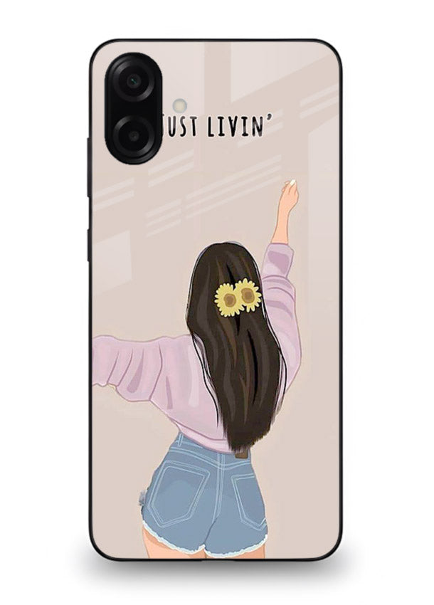 Relaxed character artwork printed on Samsung A06 5G glass back cover with soft soothing tones.