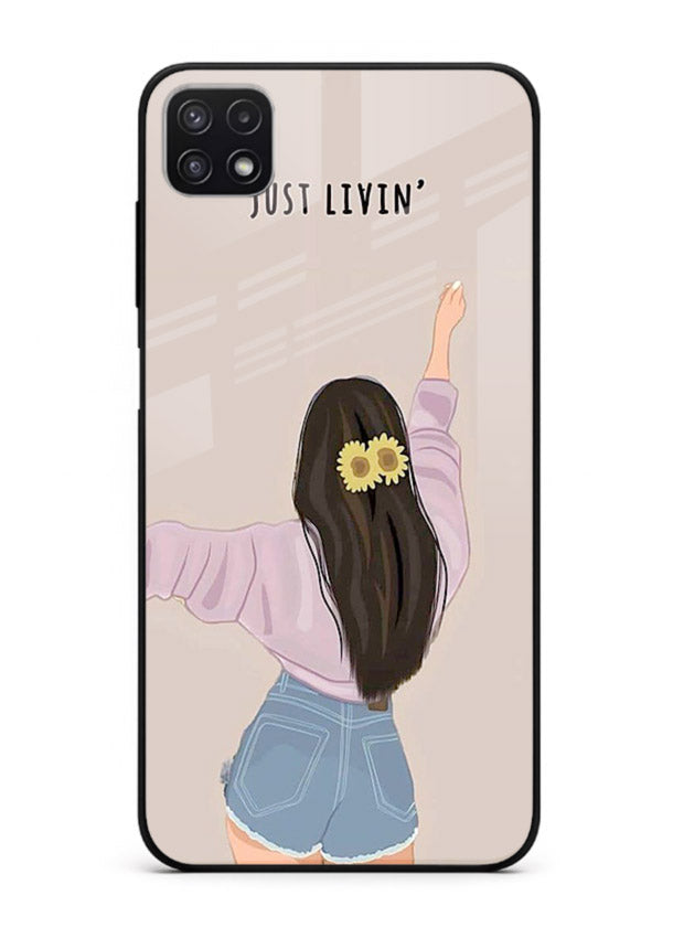 Relaxed character artwork printed on Samsung F42 5G glass back cover with soft soothing tones.