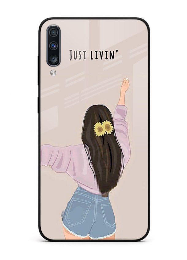 Relaxed character artwork printed on Samsung A50 glass back cover with soft soothing tones.