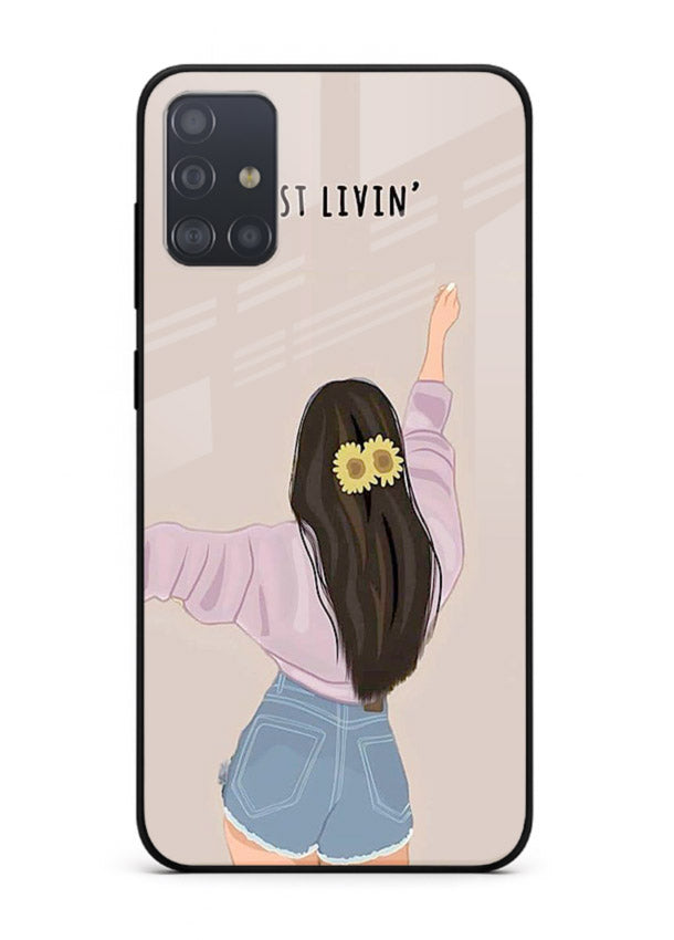 Relaxed character artwork printed on Samsung A51 glass back cover with soft soothing tones.