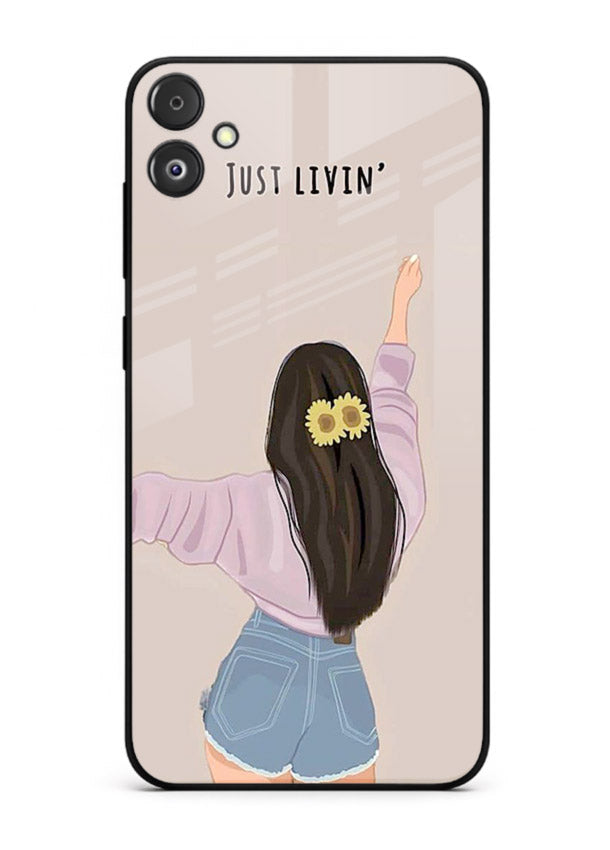 Relaxed character artwork printed on Samsung F14 5G glass back cover with soft soothing tones.