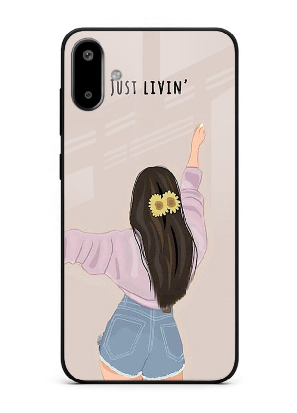 Relaxed character artwork printed on Samsung F06 5G glass back cover with soft soothing tones.