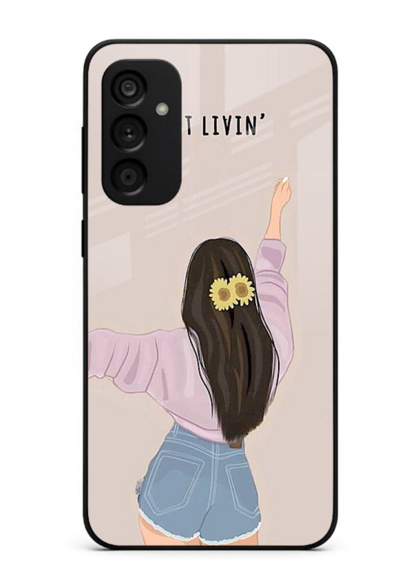 Relaxed character artwork printed on Samsung A04s 5G glass back cover with soft soothing tones.