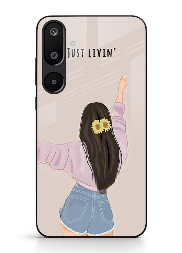 Relaxed character artwork printed on Samsung F16 5G glass back cover with soft soothing tones.