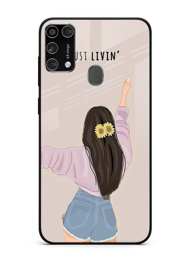 Relaxed character artwork printed on Samsung M31 Prime glass back cover with soft soothing tones.