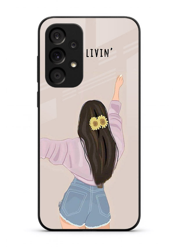 Relaxed character artwork printed on Samsung A23 5G glass back cover with soft soothing tones.