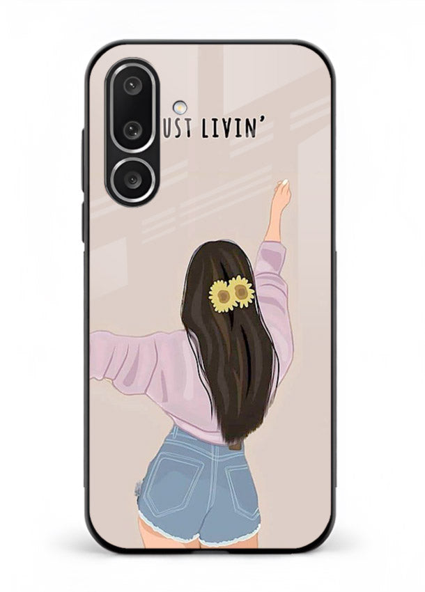 Relaxed character artwork printed on Samsung M56 5G glass back cover with soft soothing tones.