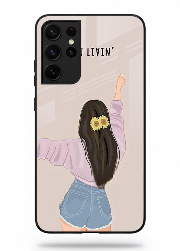 Relaxed character artwork printed on Samsung S21 Ultra glass back cover with soft soothing tones.