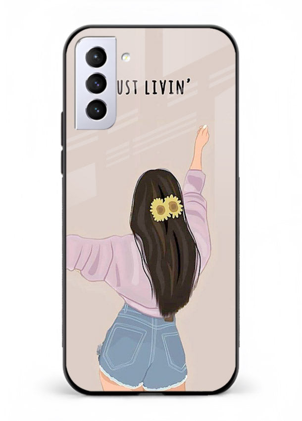 Relaxed character artwork printed on Samsung S21 glass back cover with soft soothing tones.