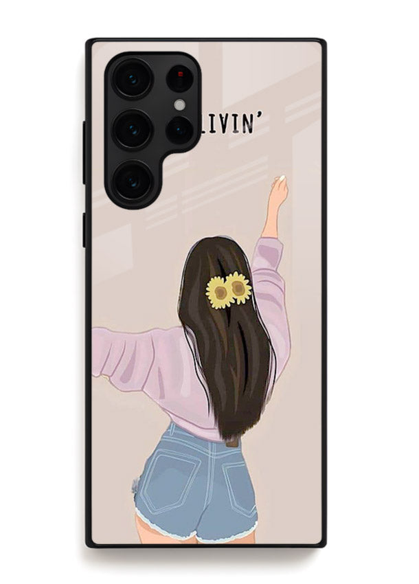 Relaxed character artwork printed on Samsung S25 Ultra glass back cover with soft soothing tones.