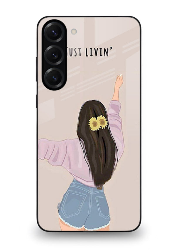 Relaxed character artwork printed on Samsung S23 Plus glass back cover with soft soothing tones.