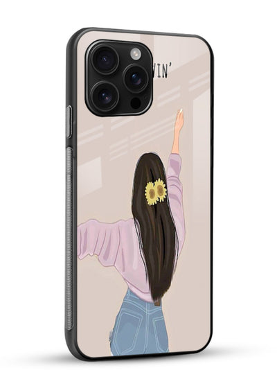 Relaxed character artwork printed on glossy vibrant premium glass back cover with soft soothing tones. - Angle Side