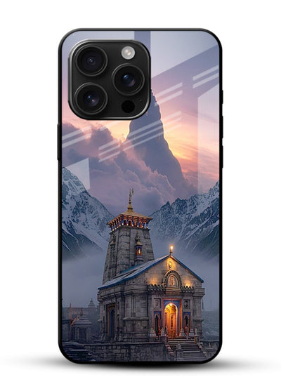 Kedarnath temple mountain spiritual aesthetic glossy vibrant premium glass devotional case - Angle Front