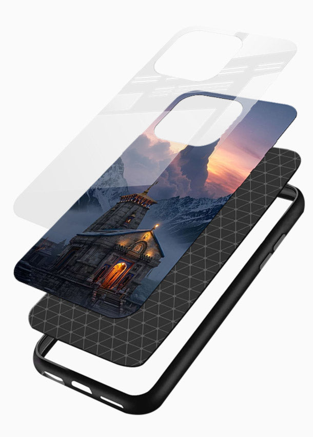 Kedarnath temple mountain spiritual aesthetic glossy vibrant premium glass devotional case - Angle Layers