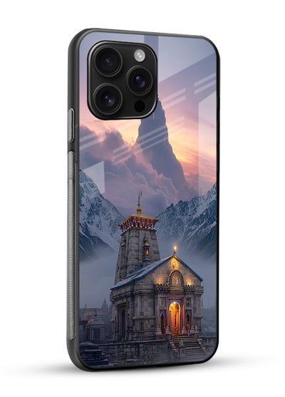 Kedarnath temple mountain spiritual aesthetic glossy vibrant premium glass devotional case - Angle Side