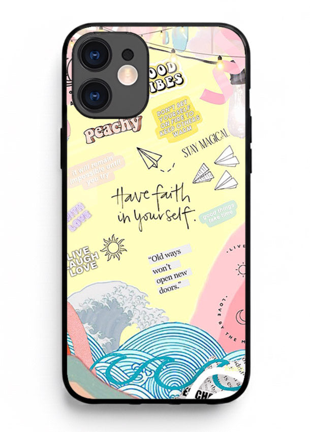 Pastel rainbow arc artwork printed on iphone 12 mini glass back cover with dreamy tones.