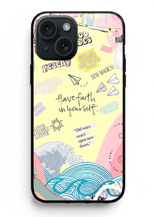 Pastel rainbow arc artwork printed on iphone 15 plus glass back cover with dreamy tones.