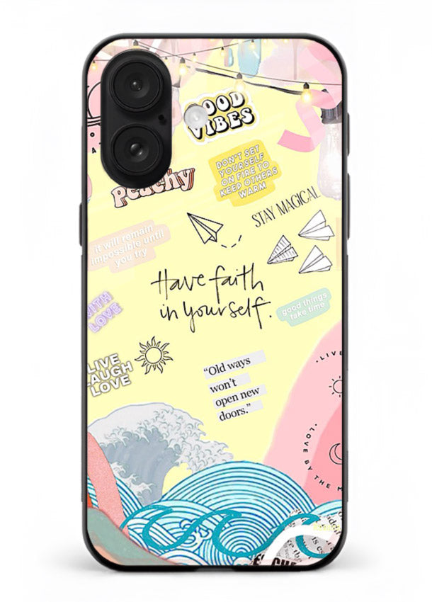 Pastel rainbow arc artwork printed on iphone 18 glass back cover with dreamy tones.