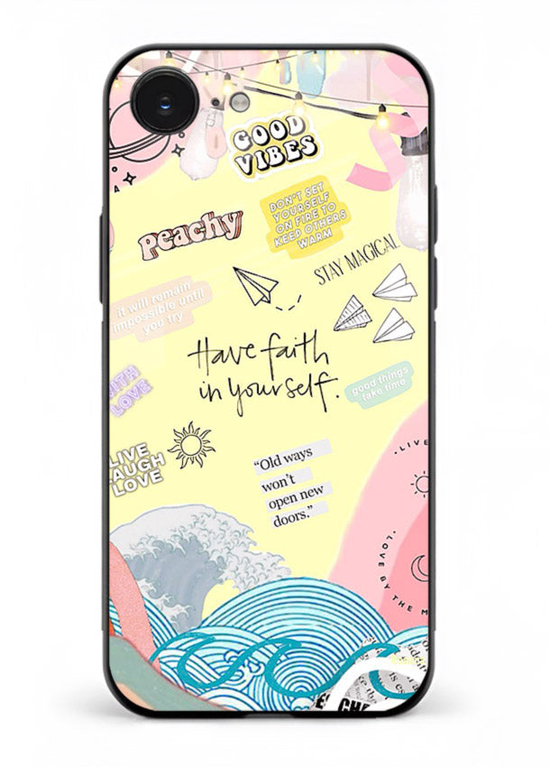 Pastel rainbow arc artwork printed on iphone 16e glass back cover with dreamy tones.