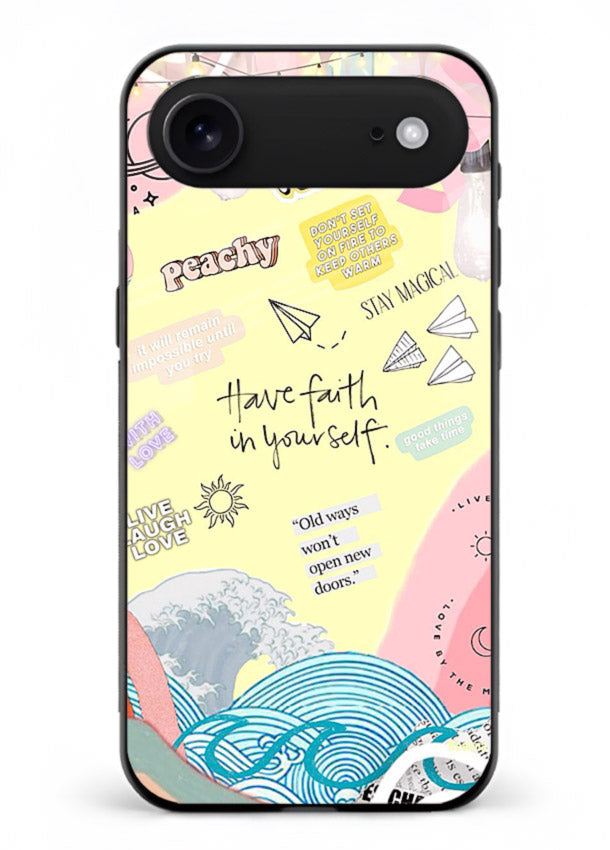 Pastel rainbow arc artwork printed on iphone 18 air glass back cover with dreamy tones.