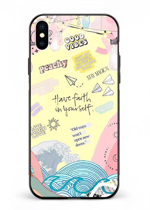 Pastel rainbow arc artwork printed on iphone xs max glass back cover with dreamy tones.