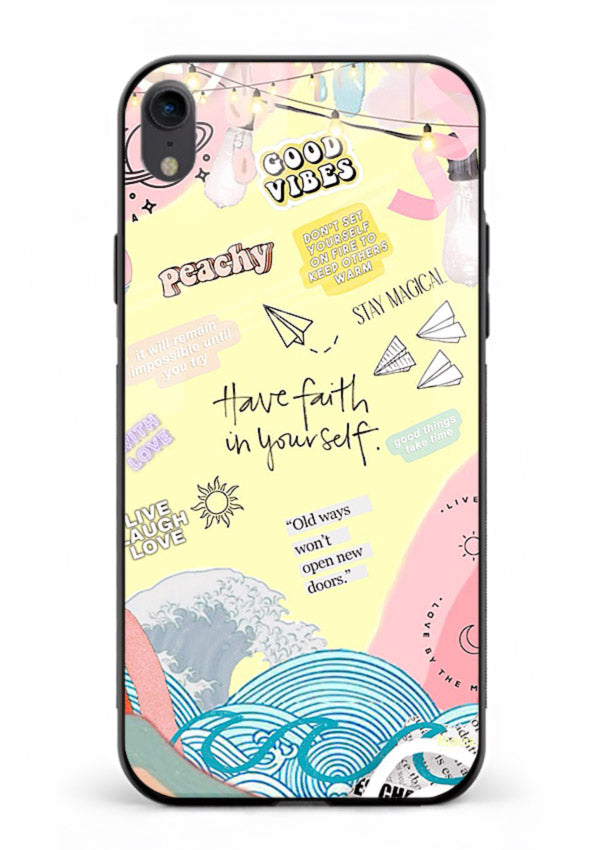 Pastel rainbow arc artwork printed on iphone xr glass back cover with dreamy tones.