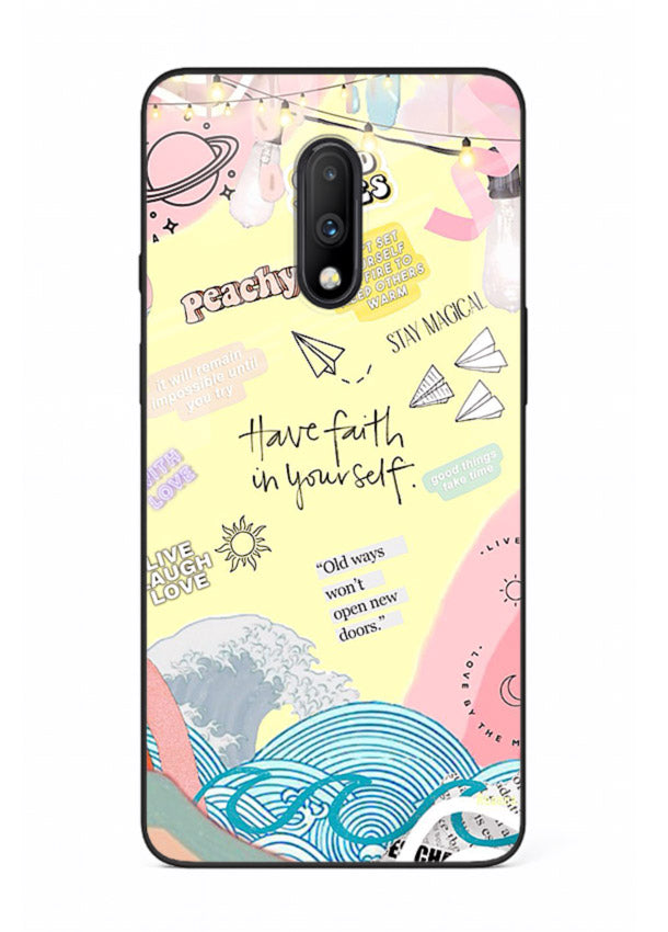 Pastel rainbow arc artwork printed on OnePlus 7 glass back cover with dreamy tones.