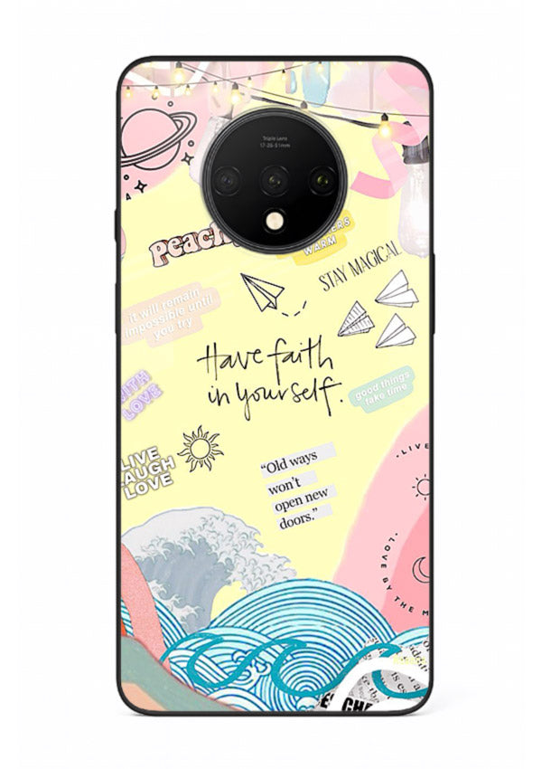 Pastel rainbow arc artwork printed on OnePlus 7T glass back cover with dreamy tones.