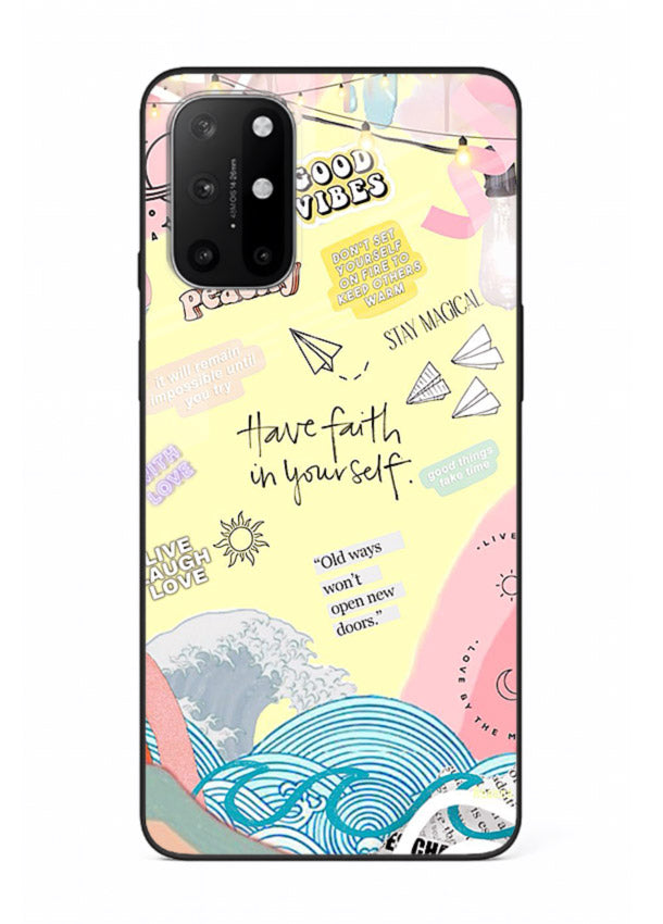 Pastel rainbow arc artwork printed on OnePlus 8T glass back cover with dreamy tones.