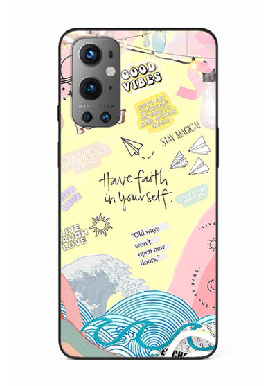 Pastel rainbow arc artwork printed on OnePlus 9 glass back cover with dreamy tones.