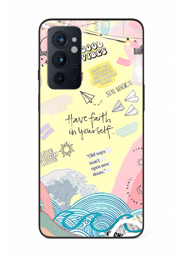 Pastel rainbow arc artwork printed on OnePlus 9RT glass back cover with dreamy tones.