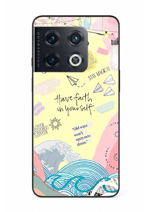 Pastel rainbow arc artwork printed on OnePlus 10 Pro glass back cover with dreamy tones.