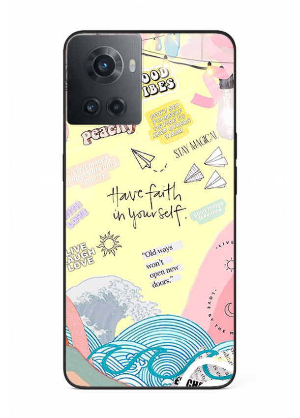Pastel rainbow arc artwork printed on OnePlus 10R glass back cover with dreamy tones.