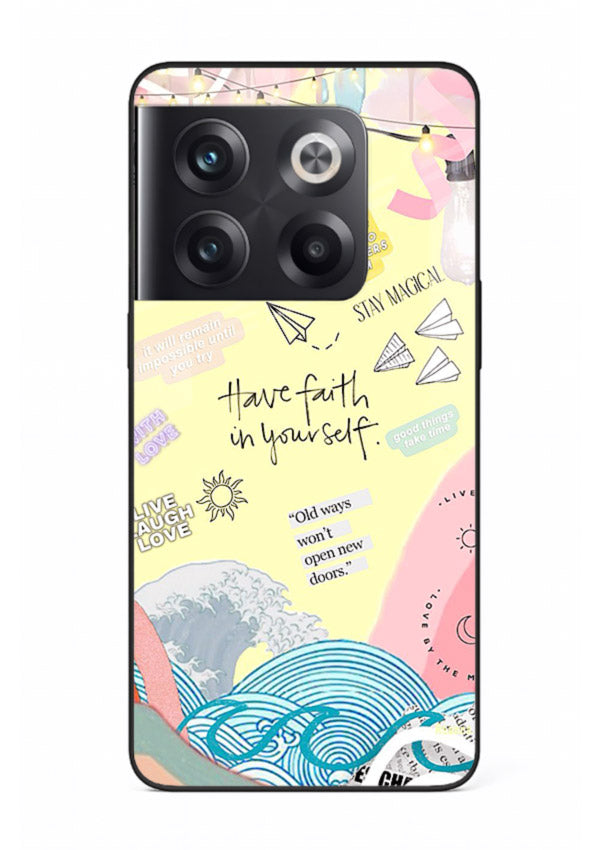 Pastel rainbow arc artwork printed on OnePlus 10T glass back cover with dreamy tones.
